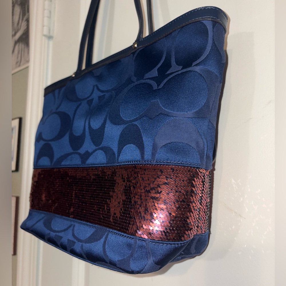 Coach Signature Stripe Sequin Tote Navy Blue Burgundy Patent Trim (F17574) - Picture 7 of 13